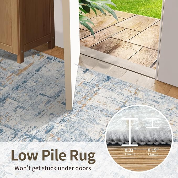 6x9 Washable Area Rug for Living Room, Modern Abstract Large Boho Rugs for Office, Dining Room, Kids Room, Farmhouse, Durable Low Pile Non Slip Carpet for High Traffic Areas, Blue Beige