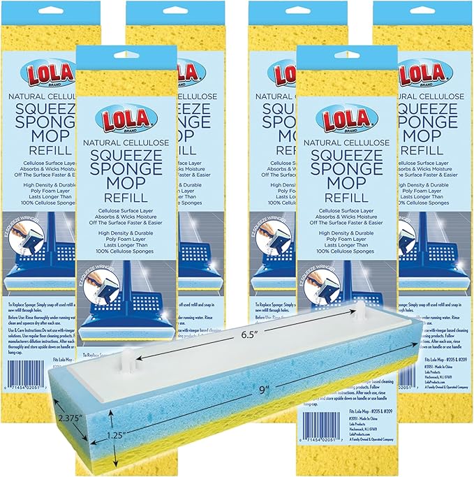 LOLA Squeeze Sponge Mop Refill, 6 Pack, w/Foam & Natural Cellulose Layer, Absorbs and Wicks Moisture, only Fits LOLA Sponge Mop, 9" Head