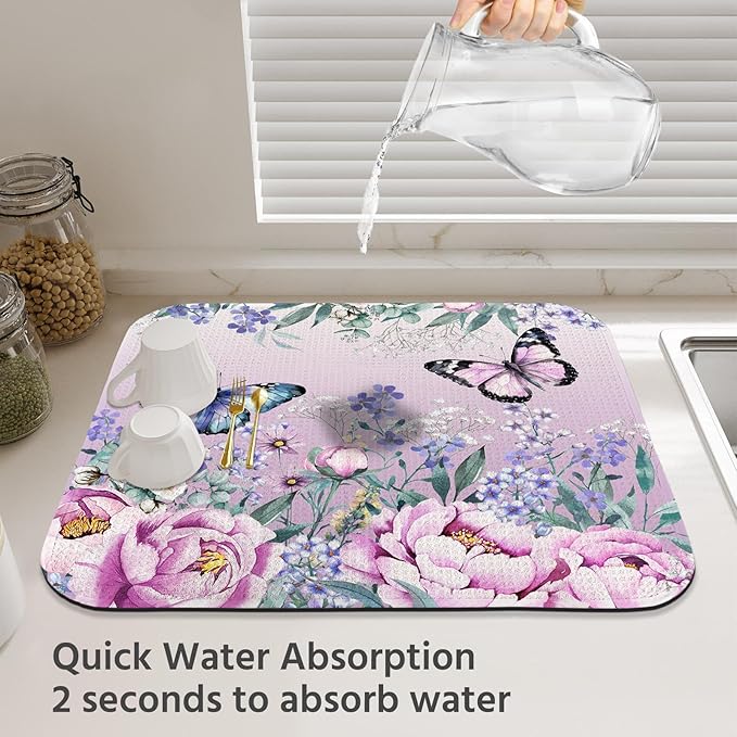 Dish Drying Mat for Kitchen Counter 16x18 Inch, Super Absorbent Dish Drainer Mat, Decorative Microfiber Dishes Drying Pad-Small(Purple Butterfly)