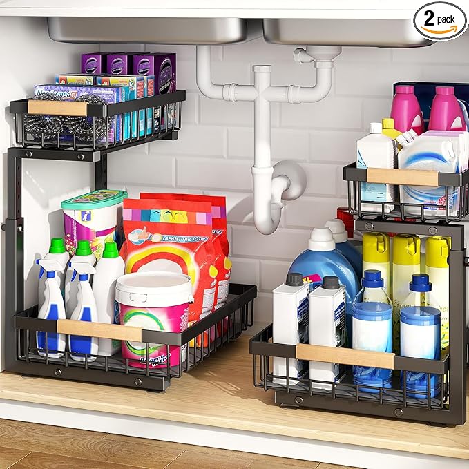PXRACK Under Sink Organizer, Adjustable Height, 2 Tier Pull Out Under Cabinet Organizer, Slide Out Thickened Metal Under Sink Storage for Kitchen Bathroom Laundry Pantry Cabinet, Black, Large-2-Pack