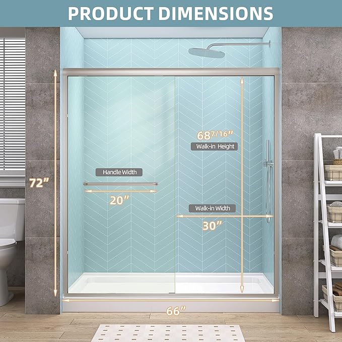 GETPRO Semi-Frameless Shower Door Double Sliding 62-66 in. W x 72 in. H Bypasss Bathroom Glass Shower Sliding Doors,1/4 inch Clear Tempered Glass Door for Walk-in Shower Brushed Nickel