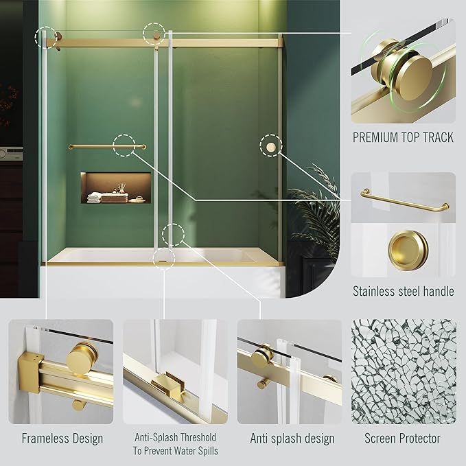Bathtub Sliding Door 55"-60" W x 56" H Tub Shower Door, Frameless Bypass Bathtub Door Glass, Double Sliding Tempered Glass with Explosion-Proof Film Stainless Steel Gold
