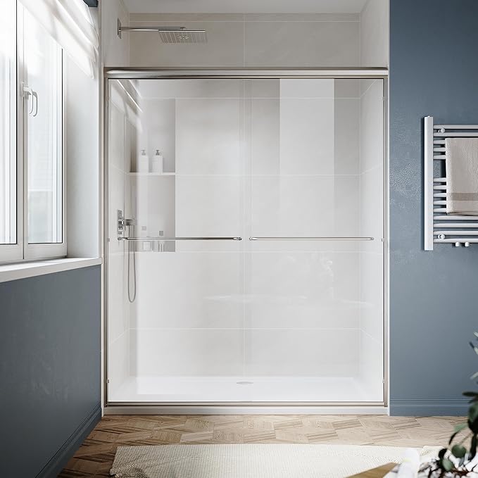SUNNY SHOWER Double Sliding Glass Door 60" W x 72" H Shower Door 1/4" Tempered Glass Sliding Door Semi-Frameless Shower Glass Enclosure Bypass Walk in Shower Cabin, Brushed Nickel