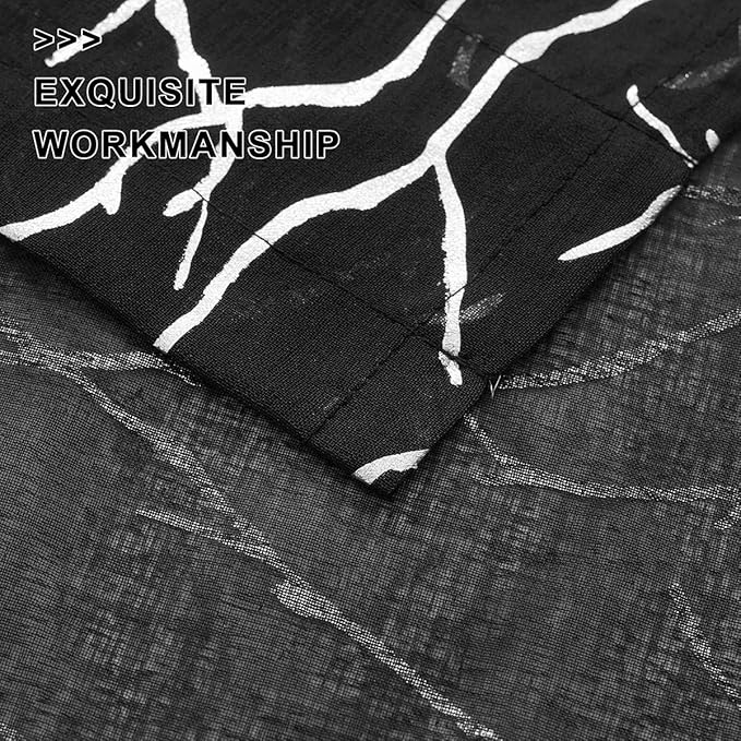 FINECITY Silver Black Sheer Curtains 2 Panels Metallic Silver Foil Tree Branch Patterned Sheer Curtains for Bedroom Rod Pokcet Privacy Short Sheer Window Curtains, 52 x 63 Inch, Silver Black