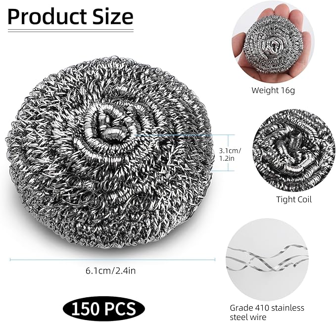 150 Pack Steel Wool Scrubber Pads, Stainless Steel Scrubber, Scrubbing Scouring Pad, Steel Wool Scrubbers for Pots and Pans, Stoves,Broiler Racks,Grills and More