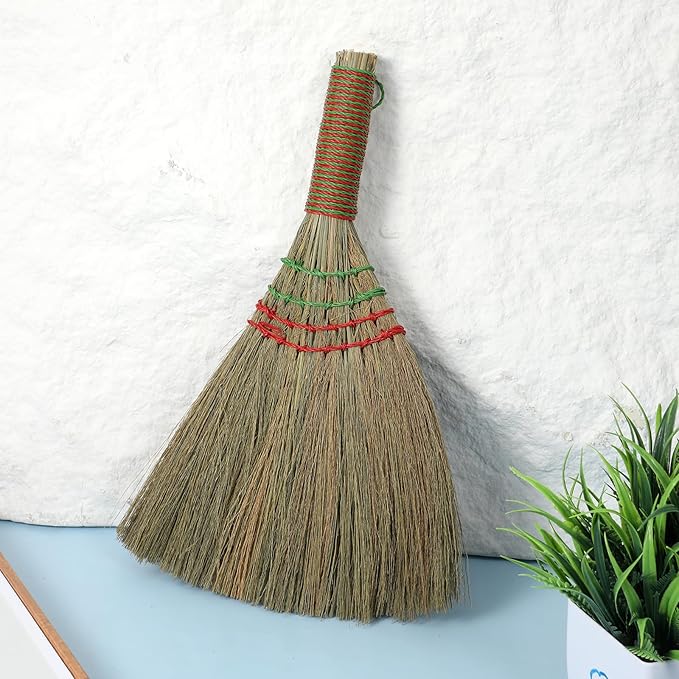 12 Inch Whisk Broom Hand Held, Corn Broom Straw Hand Brooms Handmade Short Handle with Hanger for Indoor & Outdoor Use