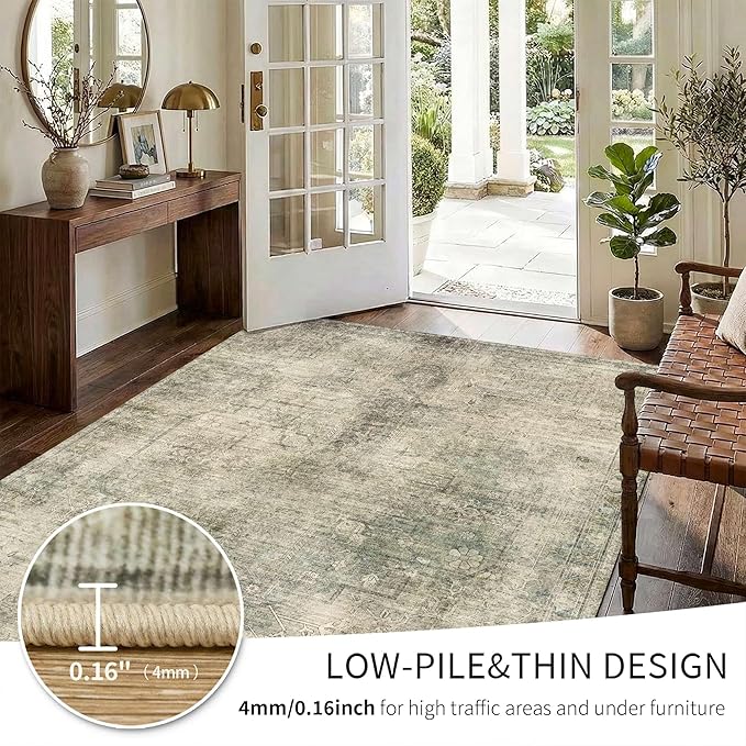 Vintage 5x7 Area Rug, Washable Green Rugs for Living Room, Bedroom, Dining Room, Kitchen, Boho Indoor Soft Rugs for Dorm Classroom Playroom, Non Slip Low Pile Distressed Carpets for Office