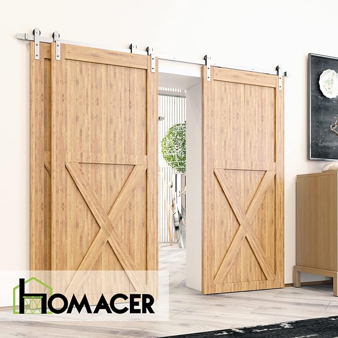 Homacer Brushed Nickel Single Track Bypass Sliding Barn Door Hardware Kit, for Three Doors, 4ft Long Flat Track, StraightDesign Roller, (2 Flat+ 1 Bent Roller Set)