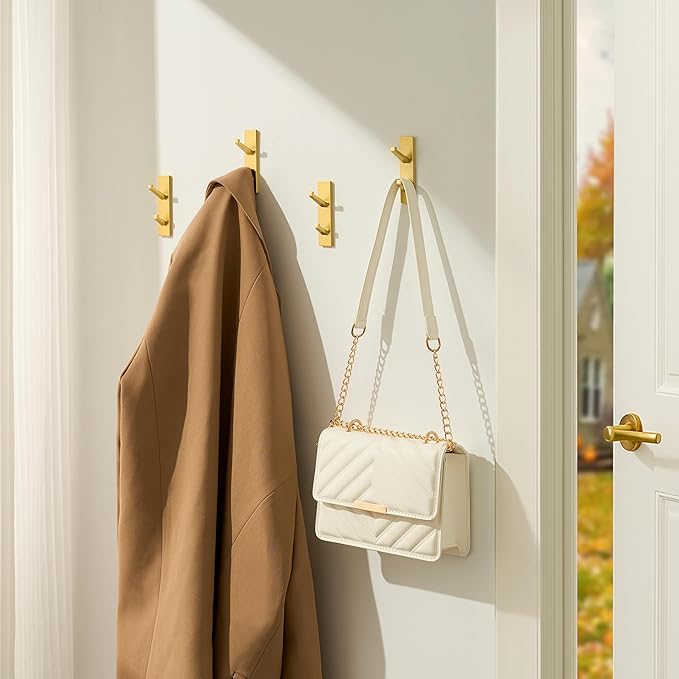 Gold Wall Hooks for Coat Towel: 13LB Adhesive Door Hanger Stick on, 4 Pack