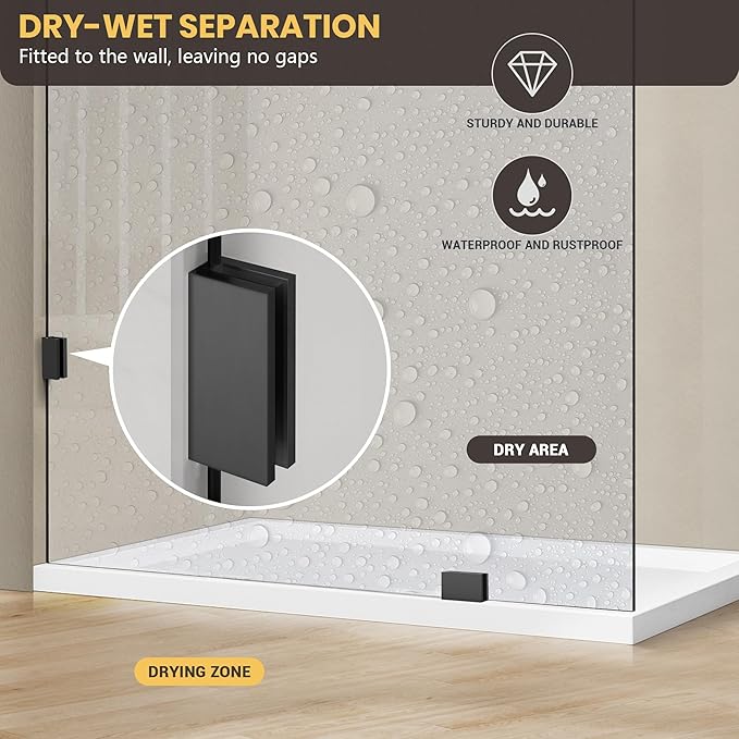 26" W x 78" H Frameless Shower Glass Panel, Single Fixed Shower Panel Screen with Clamps, 5/16"(8mm) Clear Tempered Glass, Bathroom Shower Doors Fixed Shower Glass Door Panel in Matte Black