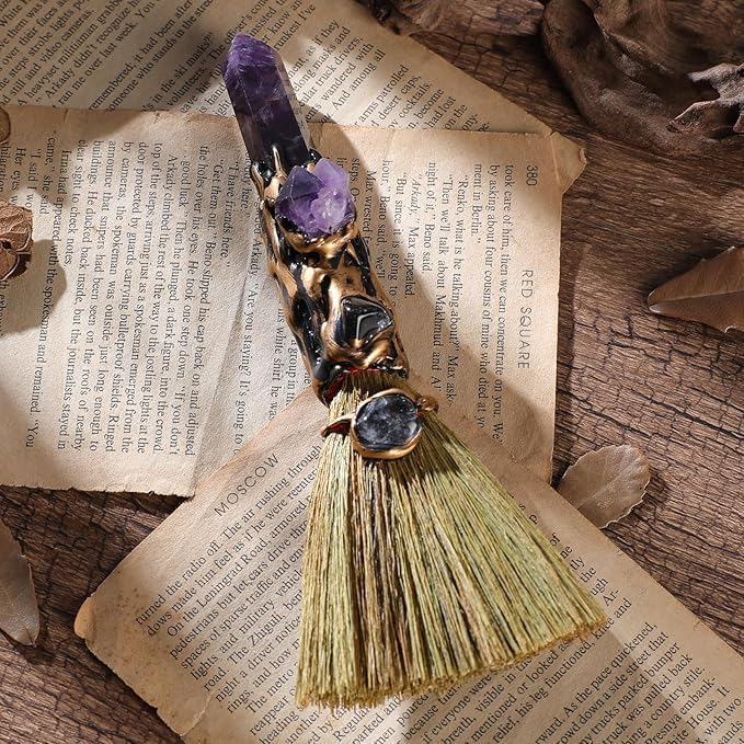 Crystal Witch Altar Broom - Handmade Magic Witch Broomstick with Amethyst Natural Healing Crystals Stones Hexagonal Points Reiki Energy Balancing Chakra Meditation Therapy Gift 8 Inches