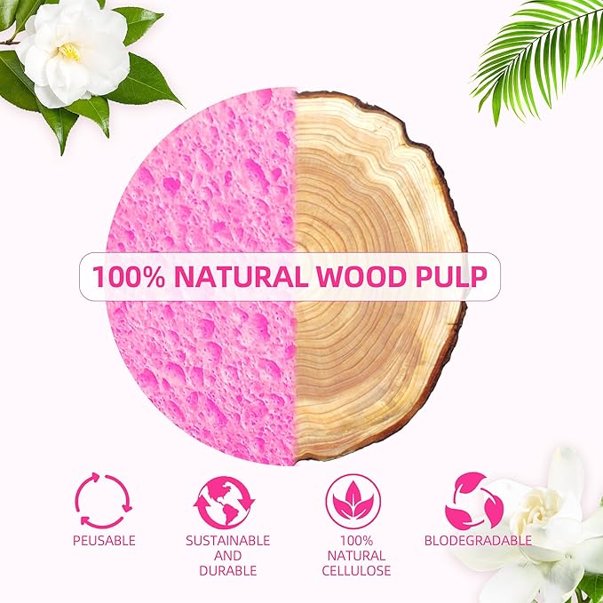 60-Count Compressed Facial Sponges 100% Natural Cellulose Cosmetic Spa Sponges for Daily Facial Cleansing Makeup and Mask Removal Pore Exfoliation (Pink)