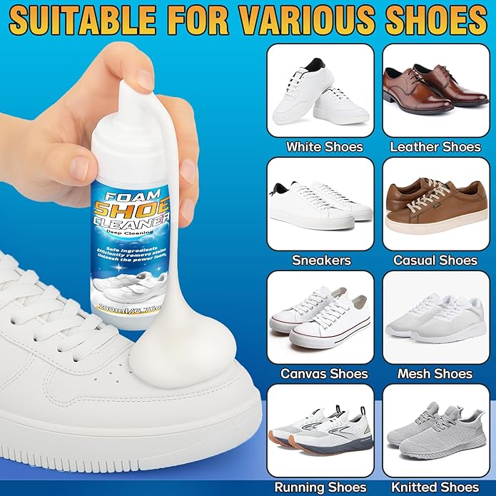 Shoe Cleaner Kit, 6.76oz White Sneaker Cleaner with Brush & Towel, Shoe Cleaning Foam for Leather, Canvas, Knit
