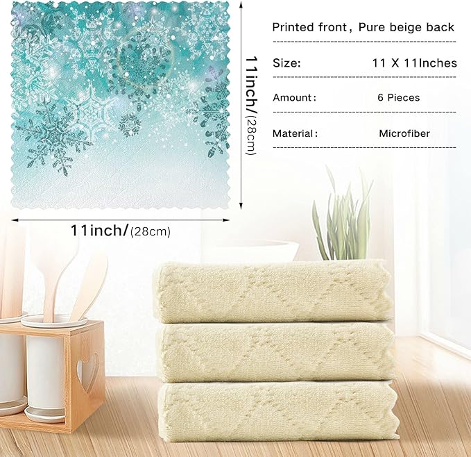 ALAZA Dish Towels Kitchen Cleaning Cloths Silver Winter Teal Turquoise Snowflakes Christmas Dish Cloths Absorbent Kitchen Towels Lint Free Bar Tea Soft Towel Kitchen Accessories Set of 6,11"x11"