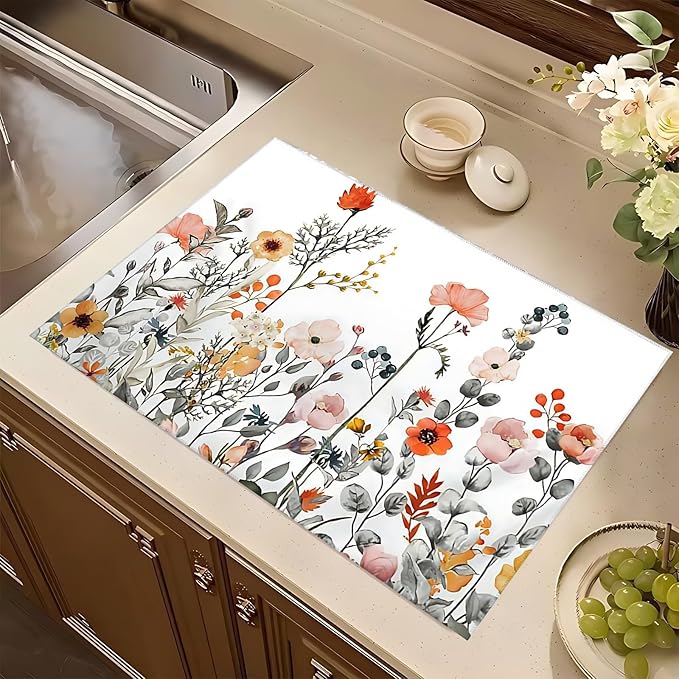 Colorful Wildflowers Dish Drying Mat 18x24 inches Microfiber Absorbent Fast Dry Mat for Kitchen Counter Coffee Bar Floral Large Drying Mat Kitchen Decor Gifts (Wildflowers, 18x24 inches)