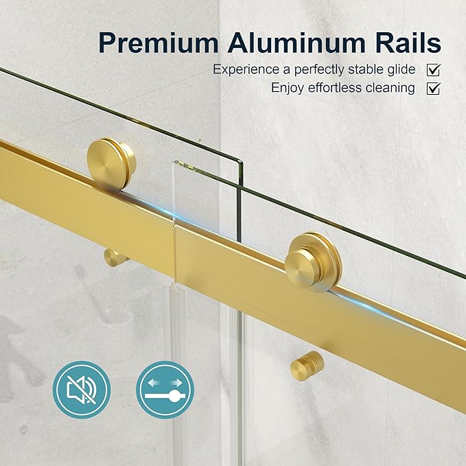KPUY Frameless Shower Door, 55-60" W x 76" H Double Sliding Glass Shower Door, 1/4" (6mm) Thick Tempered Clear Glass with Explosion-Proof Film Nano Coating, Brushed Gold