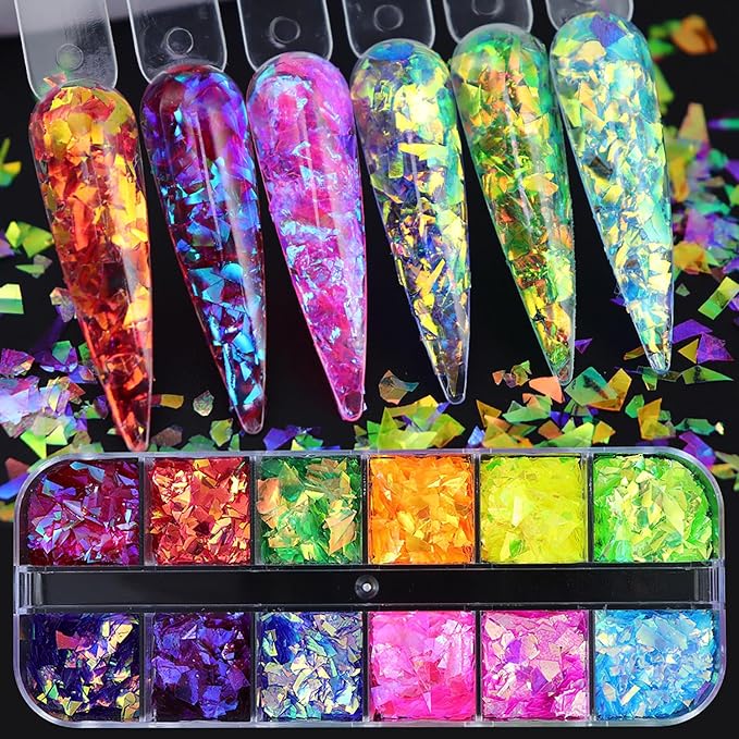 Vezocim Iridescent Glitter Nail Art Sequins, Holographic Transparent Irregular Ultra Thin Nail Art Glitter Flakes Designs, Mermaid Nail Glitter Acrylic Supplies Decorations for Women Manicure Art