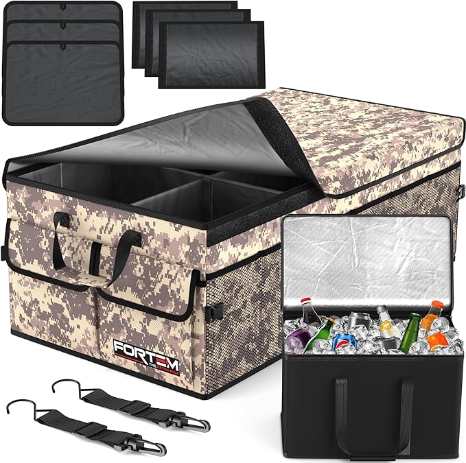 FORTEM Trunk Organizer with Cooler For SUV Car Trunk, Foldable Storage, Car Accessories for Women Men, Collapsible Bag, Perfect Christmas Gifts, 600D Oxford, Non Slip Bottom, Straps, Soft Cover (105L)