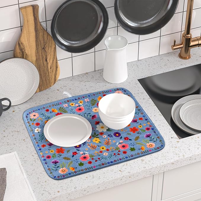 Lovely Flowers Dish Drying Mat - Blue Floral Kitchen Counter Microfiber Drying Pad 16 X 18 for Home Decor