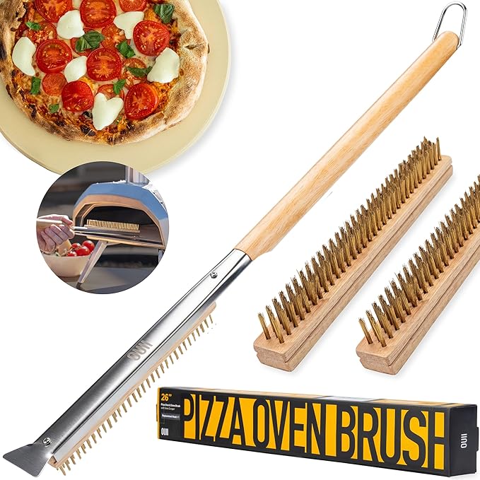 26'' Pizza Oven Brush with Stone Scraper - Includes 3 Brush Heads, Heat-Resistant Gold Stainless Steel Bristles - Long Grip Handle, Compatible with Ooni, Gozney, Blackstone, Solo Stove Ovens