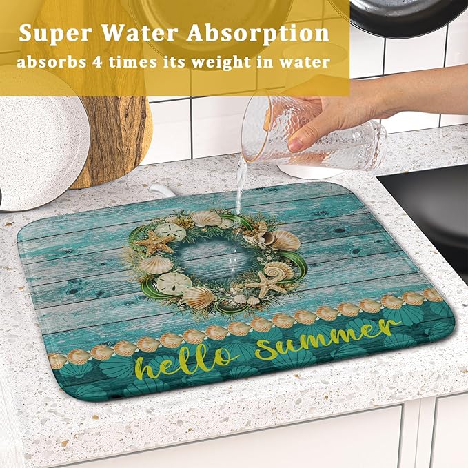 Hello Summer Dish Drying Mat for Kitchen Counter,Sea Shell Starfish Coastal Wreath Drying Mat 16 x 18 Inch with Absorbent Reversible Microfiber Drying Pad for Coffee Bar
