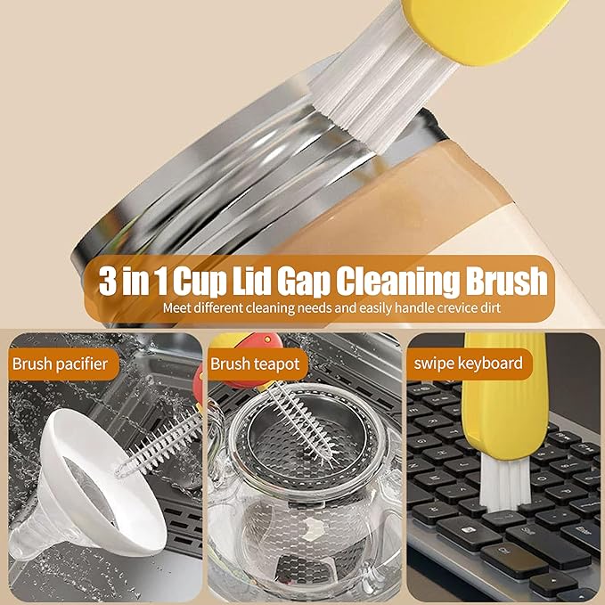 3 in 1 Cup Lid Gap Cleaning Brush Multifunctional Bottle Cleaning Brush for Water Bottle Cup Lid Gap for Gaps of Various Containers (Yellow Blue(Mushroom))