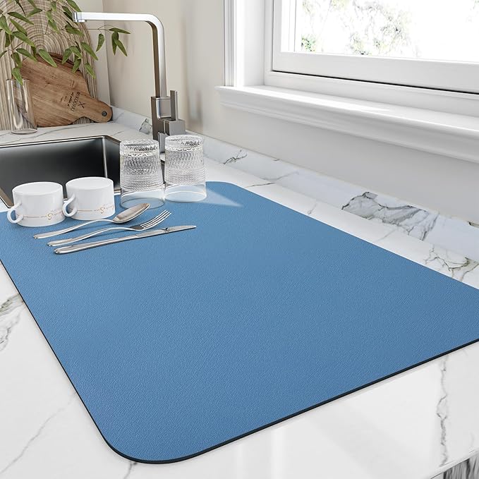 Dish Drying Mat for Kitchen Counter, Heat Resistant Drainer Mats with Non-slip Rubber Backed, Hide Stain Kitchen Super Absorbent Draining Mat, Easy to Clean Dish Rack Pad, Blue 16"x18"