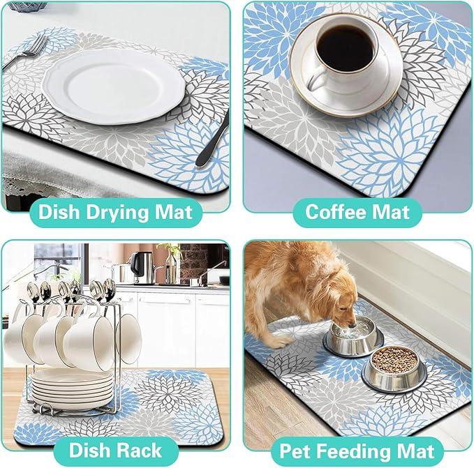 Dish Drying Mat for Kitchen Counter Matt, 2PCS 23"x15" Dish Drainer Mat & 24"x5.5" Sink Splash Guard, Super Absorbent Non-slip Rubber Backed