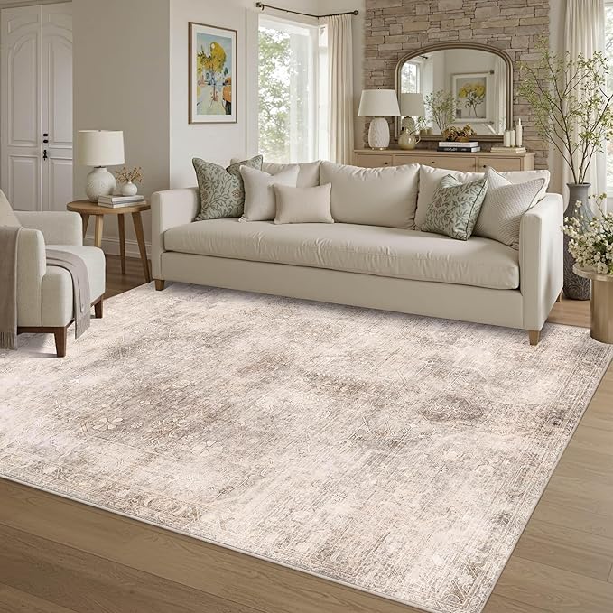 Vintage 5x7 Beige Brown Rug, Washable Neutral Area Rugs For Living Room, Bedroom, Dining Room, Kitchen, Boho Indoor Soft Rugs For Classroom Nursery Dorm, Distressed Low Pile Carpets For Office