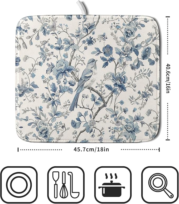 Chinoiserie Trees Dish Drying Mat for Kitchen Counter,Bule Bird Flowers Drying Mat 16 x 18 Inch with Absorbent Reversible Microfiber Drying Pad for Coffee Bar