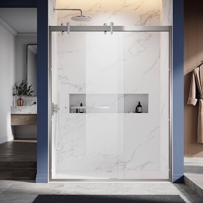 46"-48" W X 76" H Double Sliding Shower Door with Frame - Brushed Nickel Hardware, 8mm Tempered Glass, Stainless Steel Hanger Rollers, Easy-Cleaning Coating, Through-Glass Towel Bar & Knob