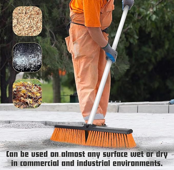 18" Push Broom Outdoor Heavy Duty, Snow Broom with Long Handle, Shop Broom Garage Push Broom for Garden, Patio, Garage, Bathroom, Kitchen, Tub, Carpet, Tile, Deck, Concrete, Industrial (Orange white)1