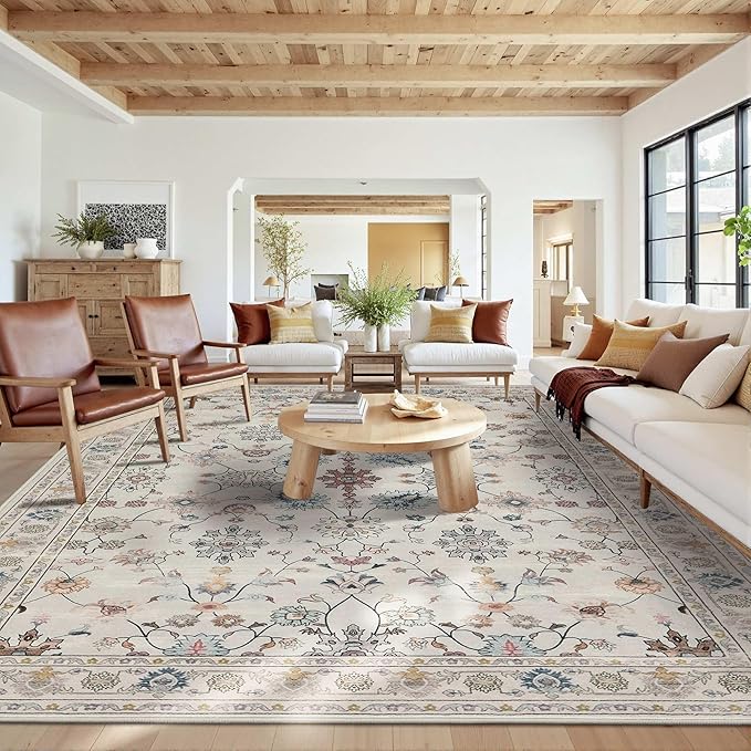10x14 Rugs for Living Room & Bedroom,Floral Washable Rug,Boho Area Rug, Large Non Slip Low Pile Wool Carpet for Indoor Dining Room,Girls Room,Nursery Room and Kids Room(Grey 10x14ft)