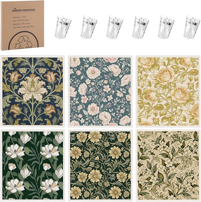 Needbrock 6 Pack William Morris Swedish Dishcloths for Kitchen,Swedish Rags Dish Towels with Clips, Reusable Paper Towels Washable Absorbent Cellulose Sponge Cloths No Odor for Cleaning Home Kitchen