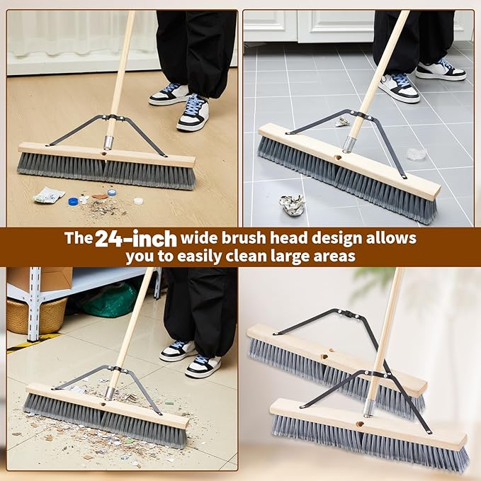 Maxdot 2 Pcs 24” Fine-Sweep Push Broom Head, Threaded Wood Block with Broom Brace for Outdoor Indoor
