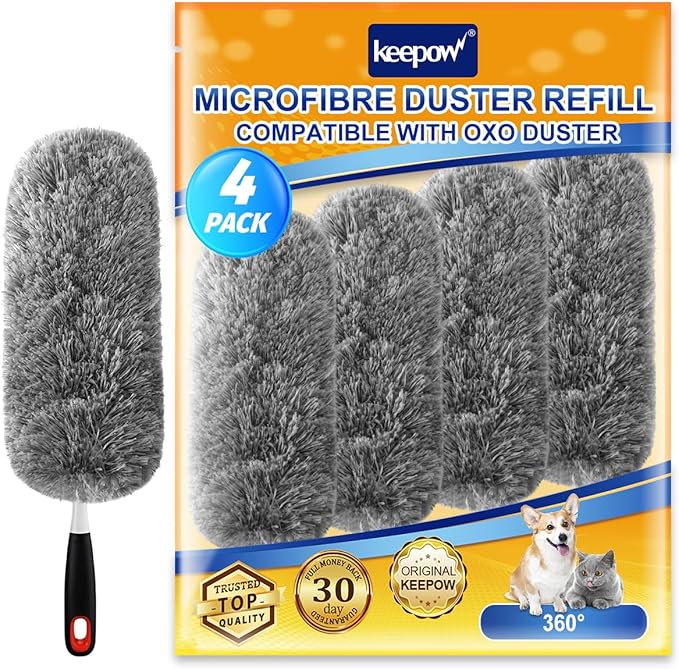 KEEPOW 4 Pack Upgraded Microfiber Duster Refills Compatible with OXO Extendable Duster, Reusable Washable Head Replacements for Cleaning, Compatible with OXO Microfiber Duster (Handle Not Included)
