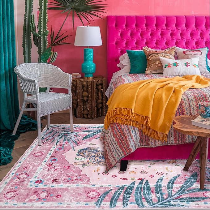 8x10 FT Leopard Rug for Living Room Pink Leopard Vintage Animal Rug Aesthetic Pink Rugs for Girls Room Nursery Bedroom Home Office Dorm Thin Bright Magenta Carpet (Light Pink, 10X8 FT)