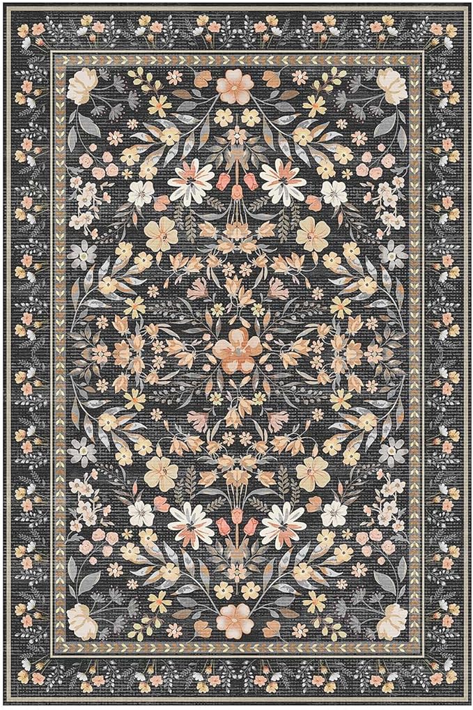 Floral Rug for Living Room Bedroom, 5x7 Washable Rug, Black Vintage Boho Area Rug, Large Non Slip Low Pile Wool Carpet for Indoor Dining Room,Girls Room,Nursery Room and Kids Room(Black 5x7ft)