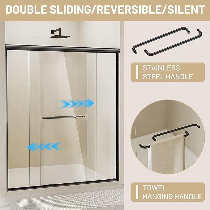 50-54" W x 70" H Double Sliding Shower Door, Semi-Frameless Shower Door with 1/4"(6mm) Clear Tempered Glass, Silent Soft-Close Door for Walk-in Shower, Matt Black
