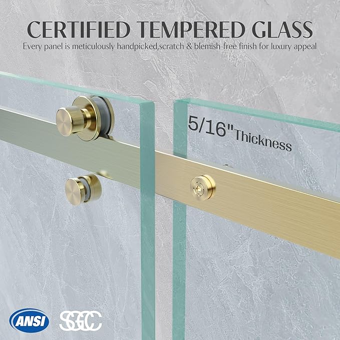 Shower Door Frameless 56-60'' W x 72'' H, Sliding Glass Door, 5/16 inch (8mm) Thickness Clear Tempered Glass for Walk-in Shower, Golden