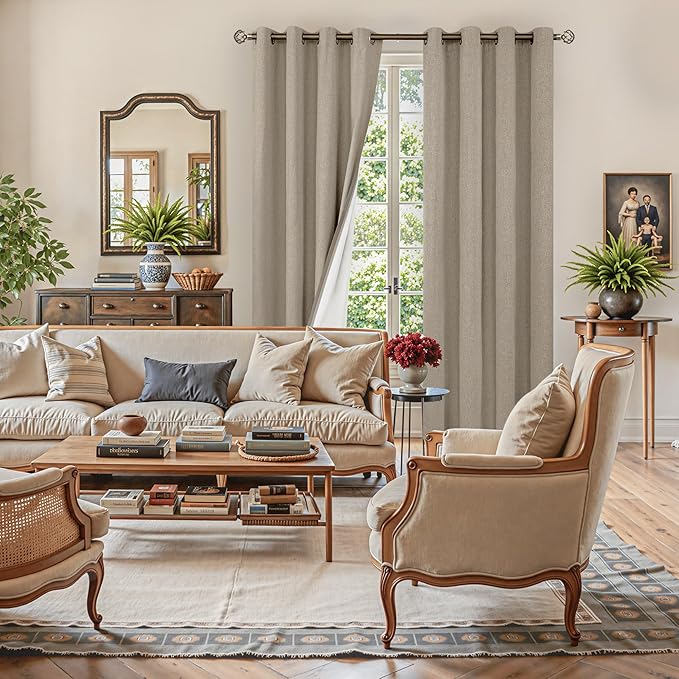 YoungsTex Taupe Linen 100% Blackout Curtains for Bedroom 80 Inches Long, Tan Thermal Insulated Drapes with Grommet Room Darkening for Living Room, 2 Panels, 52 X 80 Inch