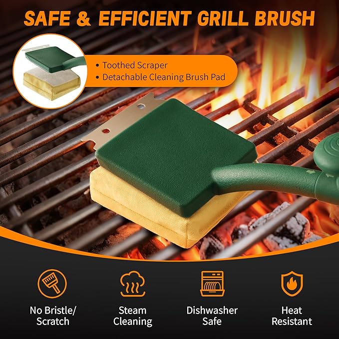 Grill Brush Bristle Free with Scraper, 22" Steam Grill Brush for Outdoor Grill, Replaceable Cleaning Head, Grill Cleaner for Cast Iron/Stainless Steel Grates - Green