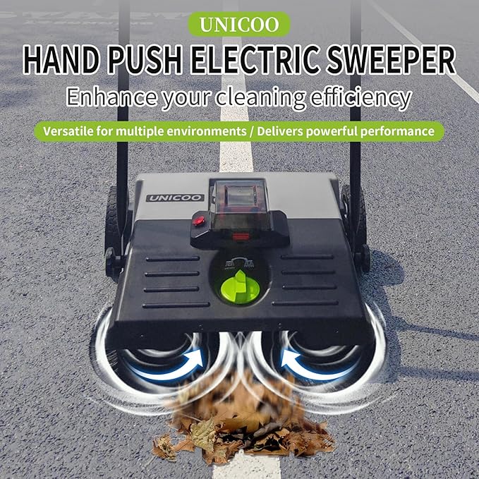 UNICOO® Electric Hand Push Floor Sweeper – Battery Powered Walk-Behind Sweeper with Dual Brush Rollers, 23" Sweeping Width & 6.6 Gallon Waste Bin – Indoor/Outdoor Push Sweeper (Gray)