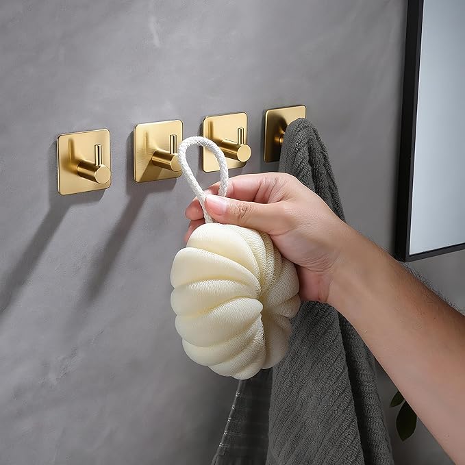 YIGII Adhesive Hooks, 4 Pack Stainless Steel Towel Hooks Heavy Duty, Sticky Wall Hook for Hanging Robe, Coat, Clothes, Waterproof (Gold)