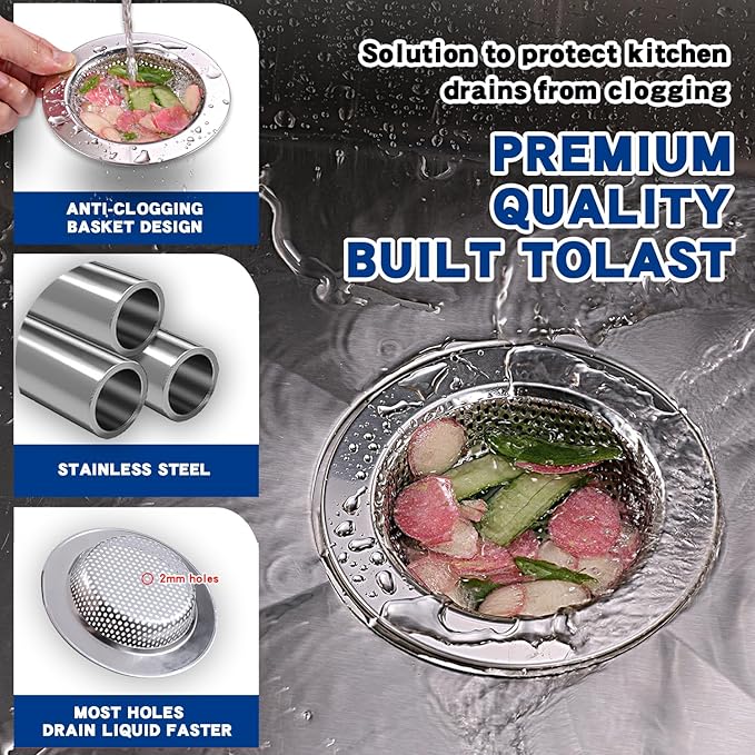 RQYEKDO Kitchen Sink Strainer Stainless Steel with Fine Mesh4.4 inch Wide Rim Drain Strainer | Fits Standard Sinks & GarbageDisposals(Silver)