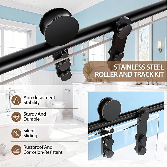 Frameless Shower Door, 44-48" W x 76" H 5/16" 8mm Glass Sliding Shower Doors with Explosion-Proof Film, Shower Doors for Walk in Shower with Clear Tempered Glass Stainless Steel Hardware, Matte Black