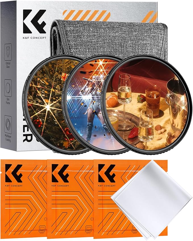 K&F CONCEPT 72mm Star Filters Kit (3pcs) 4 Points 6 Points 8 Points Cross Screen Starburst Filters Set -18 Layer Coating Ultra Slim Optical Glass Camera Lens Filter with 3 Cleaning Cloth