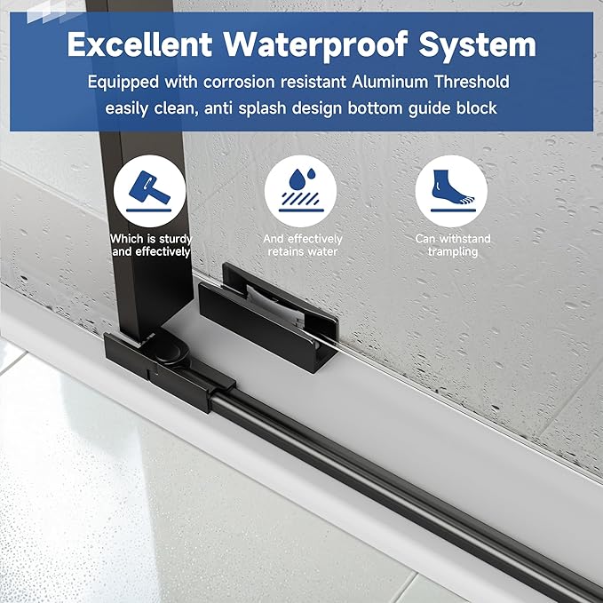 Frameless Sliding Shower Door 56-60" W x 76" H, 1/4" Tempered Glass Matte Black Reversible Single Bypass Sliding Design with Stainless Steel Rollers Soft-Close Waterproof Seal for Modern Bathroom