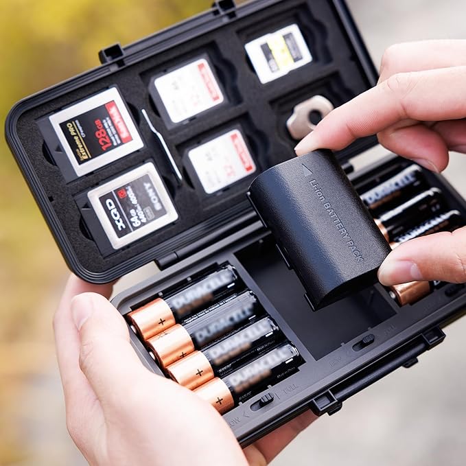 JJC Camera Battery SD Card Case for 3 Camera Batteries, 6 SD/5 CFexpress Type A/6 CFexpress Type B or XQD Cards, Water-Resistant & Shockproof DSLR Battery Holder for Canon LP-E6 Sony NP-FZ100