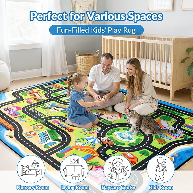 Kids Rug, 3x5 FT Island City Car Rug Play Mat with Realistic Roads and Tracks, Non-Slip, Stain Resistant, Machine Washable, Interactive City Road Carpet for Kids Room, Playroom & Nursery